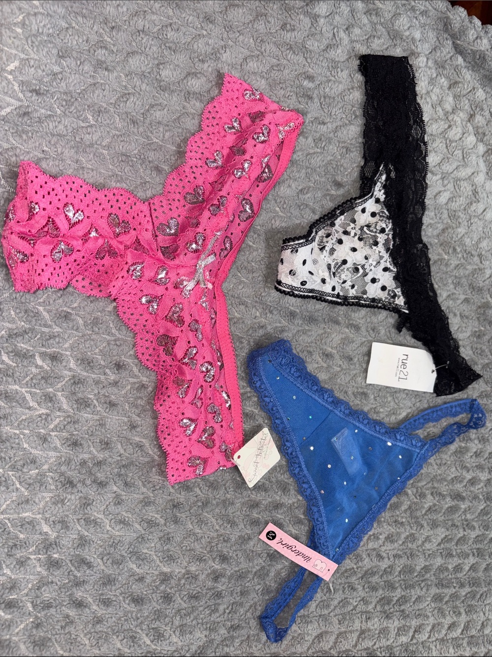 Women's Lace Thong Panties - Pink, Black & Blue - Mixed PackSize Medium